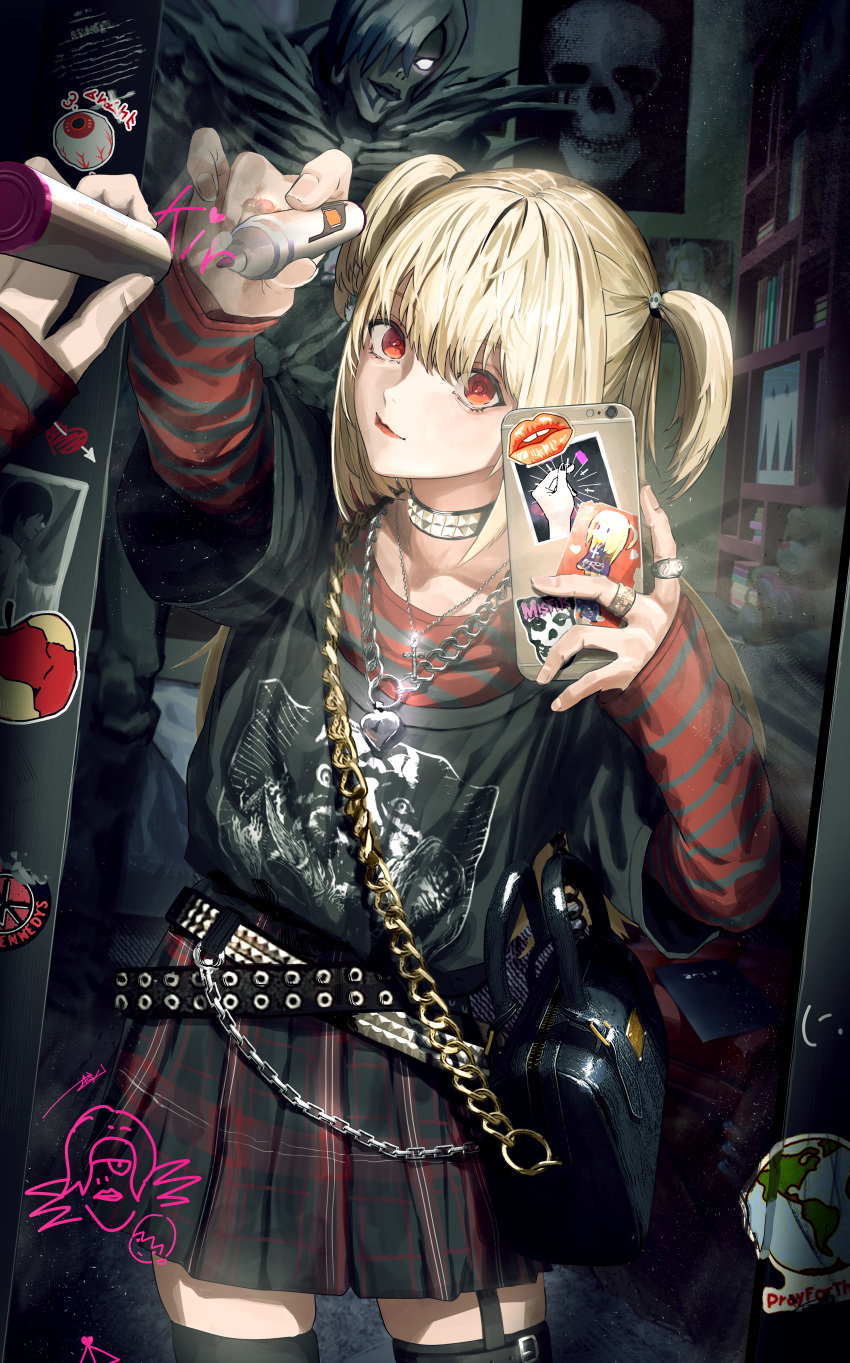 1girl absurdres amane_misa bangs black_skirt blonde_hair choker cross death_note earrings gothic_lolita highres holding holding_phone indoors jewelry lolita_fashion long_hair looking_at_viewer mirror necklace ossan_zabi_190 phone red_eyes reflection rem_(death_note) shinigami skirt smile thigh-highs two_side_up