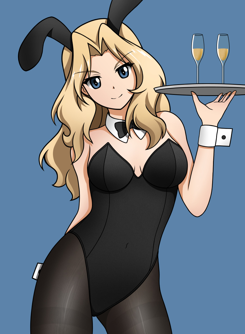 absurdres animal_ears black_leotard blonde_hair blue_background blue_eyes bow bowtie cup detached_collar drinking_glass fake_animal_ears girls_und_panzer hair_intakes highres holding holding_tray kay_(girls_und_panzer) leotard long_hair oversized_breast_cup pantyhose playboy_bunny rabbit_ears sayarbea strapless strapless_leotard thigh_gap tray