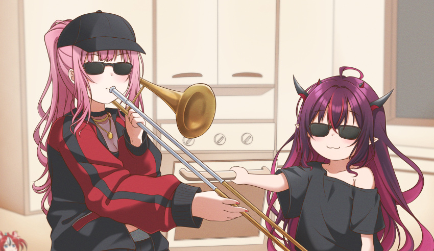 :3 absurdres baseball_cap commentary english_commentary hakos_baelz hat highres hololive hololive_english horns instrument irys_(hololive) jan_azure meme mori_calliope pink_hair pointy_ears ponytail purple_hair redhead sunglasses trombone upper_body virtual_youtuber when_mama_isn't_home when_you_see_it younger