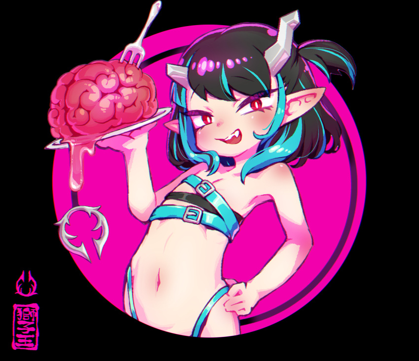 1girl absurdres bangs belt beltbra black_background black_hair blue_belt blue_hair blue_panties blush brain chaki_(teasets) chest_belt commentary_request demon_girl demon_horns demon_tail eyebrows_visible_through_hair fang flat_chest fork hand_on_hip highleg highleg_panties highres holding holding_plate horns looking_at_viewer medium_hair multicolored_hair navel open_mouth panties pink_background plate pointy_ears red_eyes shishio_chris side_ponytail smile solo sugar_lyric tail two-tone_hair underwear upper_body virtual_youtuber