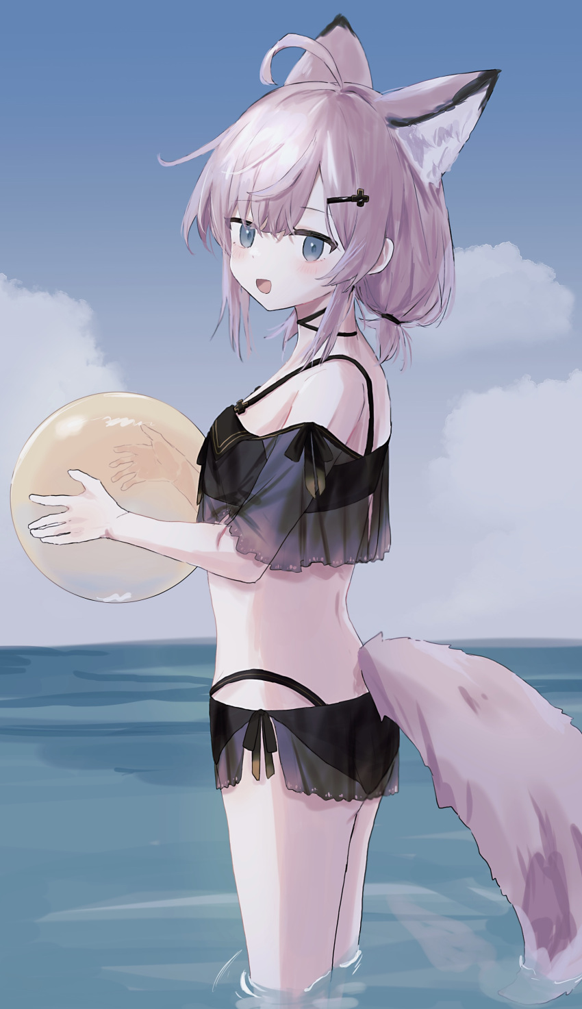 1girl :d absurdres ahoge animal_ear_fluff animal_ears arknights ball bangs bare_shoulders beachball bikini black_bikini blue_eyes blue_sky blush clouds day eyebrows_visible_through_hair fox_ears fox_girl fox_tail hair_between_eyes hair_ornament hairclip highres holding holding_ball horizon kohaku_sogo low_twintails ocean outdoors pink_hair see-through short_twintails sky smile solo standing sussurro_(arknights) swimsuit tail transparent twintails water