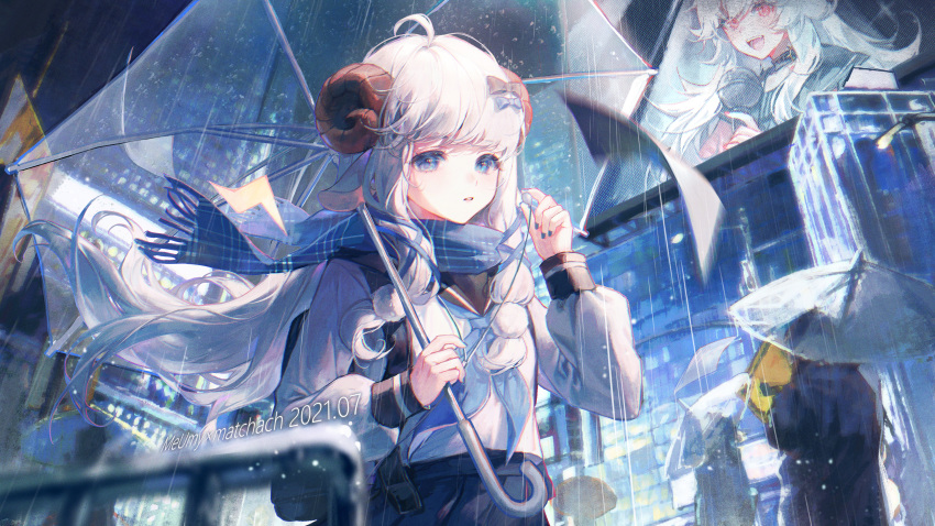 1girl :d absurdres ahoge black_nails blue_eyes blue_neckerchief blurry blurry_background blurry_foreground bow city collar collared_shirt commentary_request cowboy_shot dated depth_of_field fur_trim hair_bow highres holding holding_umbrella horns long_hair maccha_(mochancc) magnet_(vocaloid) microphone neckerchief night open_mouth original parted_lips plaid plaid_scarf pleated_skirt railing rain red_eyes sailor_collar scarf school_uniform see-through serafuku sheep_horns shirt skirt smile solo_focus standing umbrella white_hair white_shirt