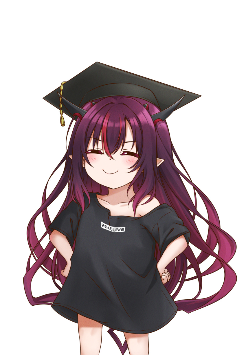 1girl absurdres bangs black_shirt blush closed_eyes commentary hat highres hololive hololive_english horns irys_(hololive) jan_azure long_hair mortarboard multicolored_hair pointy_ears purple_hair redhead shirt simple_background smile solo symbol-only_commentary t-shirt virtual_youtuber white_background younger