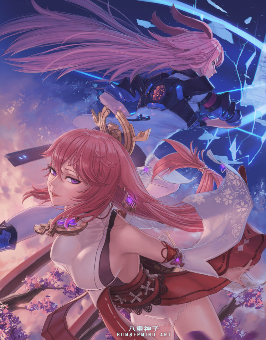 2girls absurdres animal_ears artist_name back bangs bare_shoulders black_gloves blue_jacket bombermind branch breasts character_name cherry_blossoms closed_mouth company_connection crossover earrings fox_ears genshin_impact gloves grin hair_between_eyes hair_ornament highres holding holding_sword holding_weapon honkai_(series) honkai_impact_3rd jacket japanese_clothes jewelry katana long_hair looking_at_viewer mihoyo_technology_(shanghai)_co._ltd. miko multiple_girls nail_polish open_mouth pink_hair red_nails sakura_ayane shirt short_sleeves single_glove single_thighhigh smile sword thigh-highs trait_connection violet_eyes voice_actor_connection weapon white_legwear white_shirt white_sleeves yae_(genshin_impact) yae_miko yae_sakura yae_sakura_(goushinnso_memento)