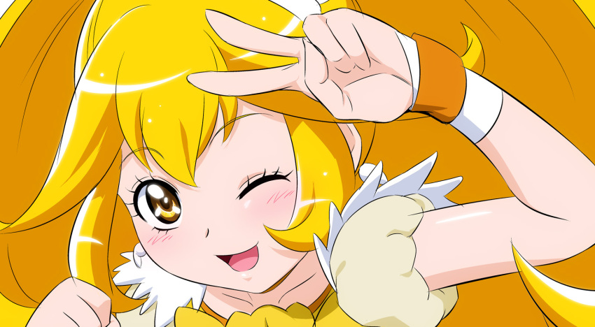 1girl blonde_hair collarbone cure_peace eyebrows_visible_through_hair fuchi_(nightmare) high_ponytail highres kise_yayoi long_hair looking_at_viewer magical_girl one_eye_closed open_mouth precure puffy_short_sleeves puffy_sleeves short_sleeves smile smile_precure! solo v very_long_hair yellow_eyes