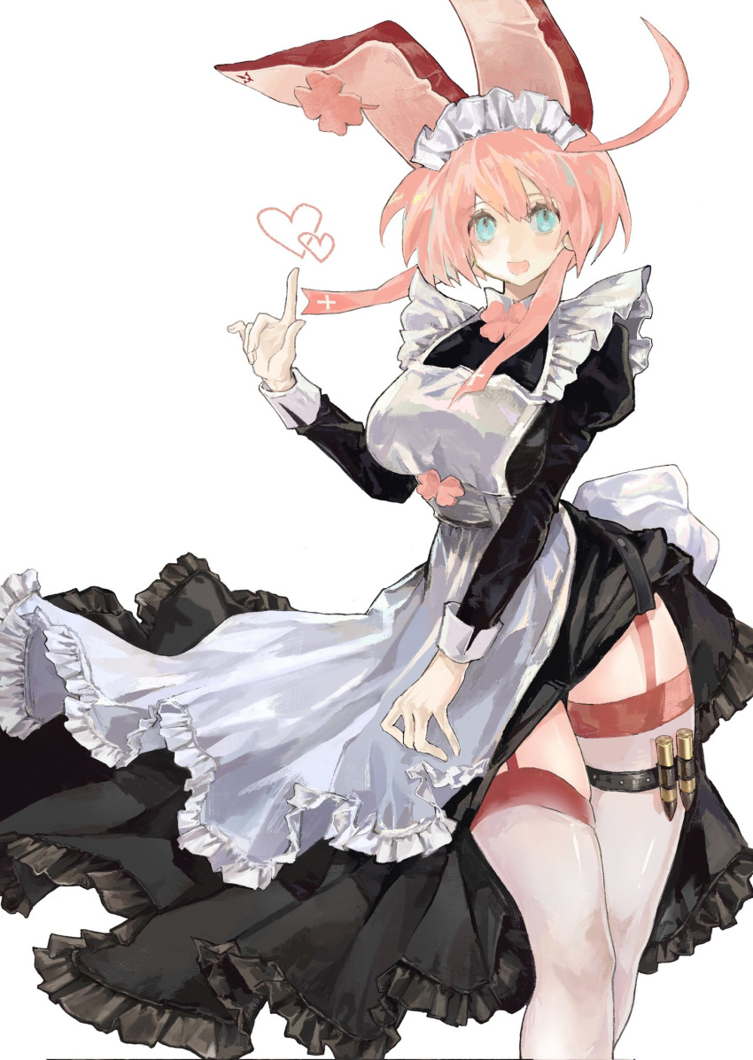 1girl ahoge animal_ears apron bangs blue_eyes breasts bullet clover elphelt_valentine fake_animal_ears finger_gun found_modori four-leaf_clover garter_straps guilty_gear guilty_gear_xrd heart highres huge_ahoge index_finger_raised large_breasts maid maid_apron maid_headdress open_mouth pink_hair rabbit_ears short_hair simple_background solo thigh-highs white_background white_legwear