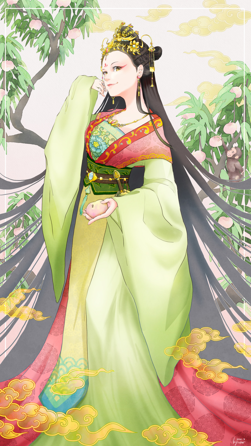 1girl absurdres black_hair chinese_clothes clouds dated earrings facial_mark food forehead_mark fruit hair_ornament hand_up hanfu highres holding holding_food holding_fruit jewelry long_hair looking_at_viewer makeup monkey necklace original outdoors peach smile solo standing t0dayscolor weapon wide_sleeves yellow_eyes