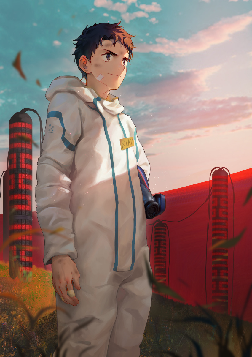 1boy absurdres beitemian bodysuit brown_hair closed_mouth clouds cloudy_sky commentary_request highres holding hood hoodie jumpsuit male_focus morning name_tag original outdoors short_hair sky solo teenage