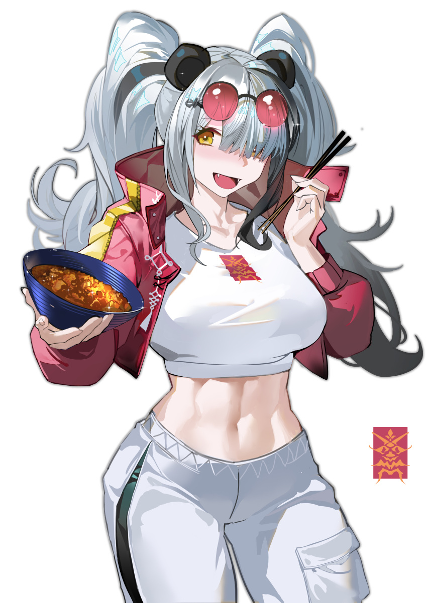1girl :d absurdres animal_ears arknights bangs bijian_de_linghun black_hair bowl breasts chopsticks commentary_request cowboy_shot crop_top cropped_jacket fangs feater_(arknights) feater_(gourmet)_(arknights) hair_over_one_eye hands_up highres holding holding_bowl holding_chopsticks jacket large_breasts long_hair looking_at_viewer midriff multicolored_hair navel open_clothes open_jacket panda_ears pants red_jacket shirt silver_hair simple_background smile solo standing stomach streaked_hair t-shirt thighs twintails white_background white_pants white_shirt yellow_eyes