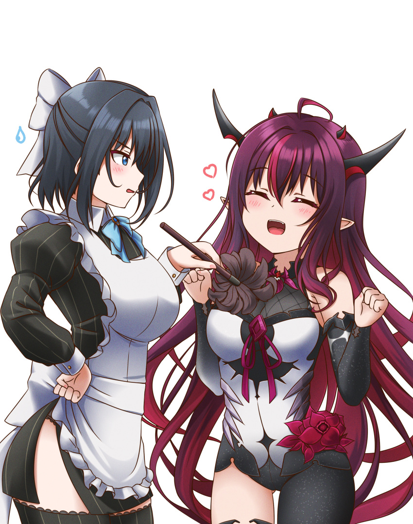 2girls absurdres alternate_costume annoyed apron bangs black_dress black_hair blue_bow blue_eyes blush bow breasts clenched_hands commentary dress duster english_commentary enmaided heart highres holding holding_duster hololive hololive_english horns irys_(hololive) jan_azure juliet_sleeves large_breasts long_hair long_sleeves maid maid_apron medium_breasts multiple_girls multiple_horns open_mouth ouro_kronii pointy_ears puffy_sleeves pun purple_skirt short_hair single_leg_pantyhose single_thighhigh skirt smile thigh-highs virtual_youtuber