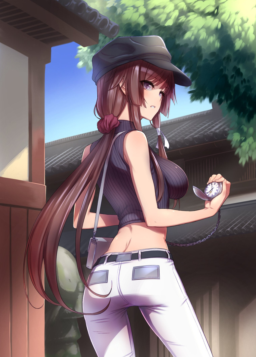 1girl architecture ass belt black_belt black_headwear black_sweater breasts chain commission cropped_sweater east_asian_architecture eyebrows_visible_through_hair from_behind highres holding holding_pocket_watch long_hair looking_to_the_side low_ponytail makishima_azusa medium_breasts muvluv muvluv_alternative muvluv_total_eclipse pants parted_lips pocket_watch ribbed_sweater second-party_source skeb_commission solo sweater takamura_yui tree very_long_hair violet_eyes watch white_pants