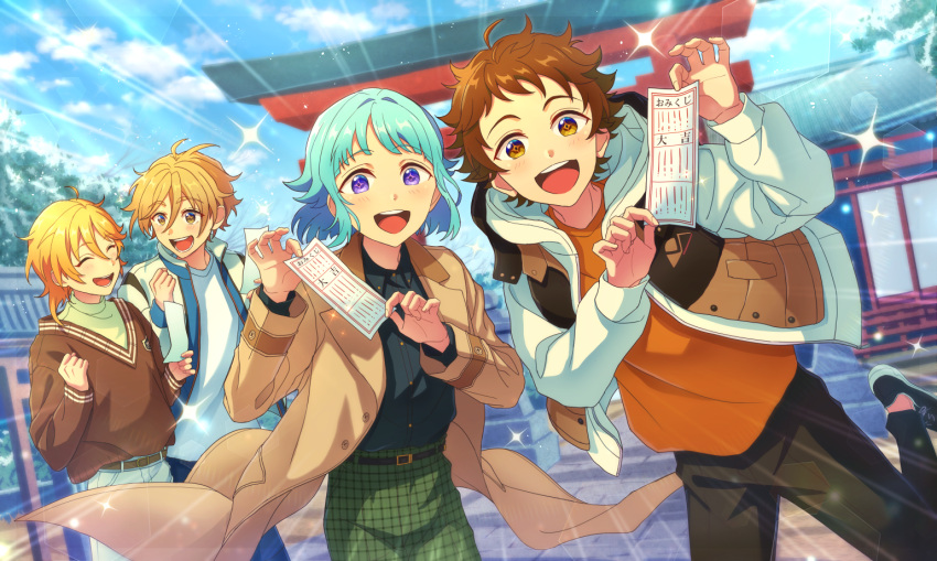 4boys ahoge belt black_shirt blonde_hair blue_hair blue_pants blue_sky blunt_ends brown_belt brown_coat brown_footwear brown_hair brown_pants brown_sweater buttons clenched_hand closed_eyes coat commentary_request cowboy_shot ensemble_stars! excited eyebrows_visible_through_hair foot_out_of_frame green_pants hair_between_eyes hanzou_(naruco174) happy holding holding_paper jacket long_sleeves mashiro_tomoya multiple_boys nito_nazuna open_clothes open_jacket open_mouth orange_shirt outdoors pants paper plaid plaid_legwear rabbits_(ensemble_stars!) shino_hajime shirt shoes short_hair shrine sky smile sparkle sparkling_eyes sweater teeth tenma_mitsuru tongue torii translation_request tree upper_teeth violet_eyes white_jacket white_pants white_shirt yellow_eyes
