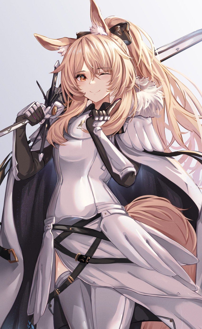 1girl ;) absurdres animal_ear_fluff animal_ears arknights arm_guards armor bangs belt black_bow black_gloves blemishine_(arknights) blonde_hair bow brown_eyes cape closed_mouth commentary_request cowboy_shot eyebrows_visible_through_hair faulds full_armor fur-trimmed_cape fur_trim gloves grey_background grey_legwear hair_bow high_ponytail highres holding holding_sword holding_weapon horse_ears horse_girl horse_tail index_finger_raised long_hair looking_at_viewer one_eye_closed shiki44boku sidelocks simple_background smile solo sword tail thigh-highs weapon white_cape