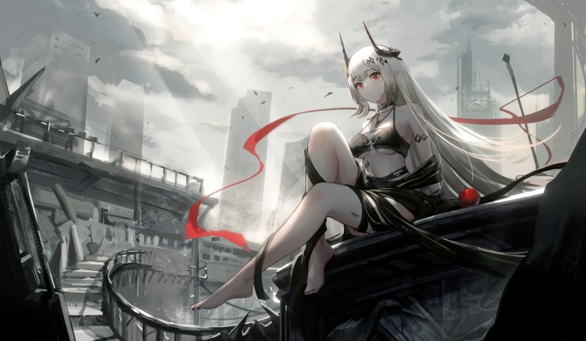 1girl absurdres apple arknights bangs bare_legs barefoot black_nails black_ribbon breasts cityscape commentary_request eyebrows_visible_through_hair feet food fruit full_body hair_ornament highres horns infection_monitor_(arknights) jewelry long_hair medium_breasts mudrock_(arknights) mudrock_(silent_night)_(arknights) nail_polish necklace official_alternate_costume outdoors parted_lips pointy_ears red_eyes red_ribbon ribbon simple_background sitting solo toenail_polish toenails very_long_hair xiaoshan_jiang