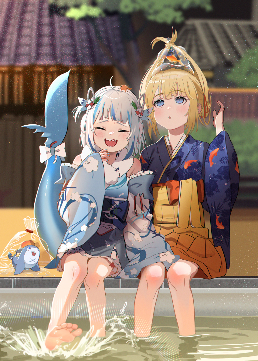 2girls :d absurdres barefoot blonde_hair bloop_(gawr_gura) blue_hair closed_eyes earmuffs gawr_gura hakama highres hololive hololive_english japanese_clothes jiki_(gkdlfnzo1245) kimono multicolored_hair multiple_girls print_kimono shark_tail silver_hair smile soaking_feet streaked_hair tail virtual_youtuber watson_amelia yellow_hakama