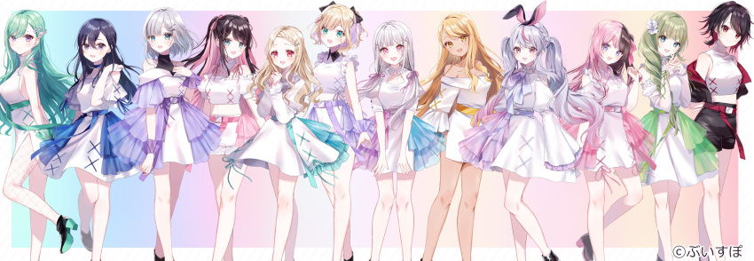 6+girls :d aqua_eyes asymmetrical_hair bangs black_bow black_hair black_shorts blonde_hair blue_eyes blush bow braid braided_bangs breasts brown_hair cleavage_cutout closed_mouth clothing_cutout colored_inner_hair commentary_request cropped_shirt crown_braid dress fang feet_out_of_frame fishnet_legwear fishnets flower frilled_dress frilled_sleeves frills gradient gradient_background green_eyes green_hair hair_between_eyes hair_bow hair_flower hair_ornament hair_ribbon hairclip highres interlocked_fingers long_hair looking_at_viewer medium_breasts midriff misumi_(macaroni) multicolored_hair multiple_girls off-shoulder_dress off-shoulder_shirt off_shoulder open_mouth own_hands_together parted_bangs pink_hair pink_ribbon red_eyes redhead ribbon shirt short_hair shorts silver_hair sleeveless sleeveless_shirt smile standing standing_on_one_leg streaked_hair swept_bangs translated violet_eyes virtual_youtuber vspo! white_dress white_shirt white_shorts