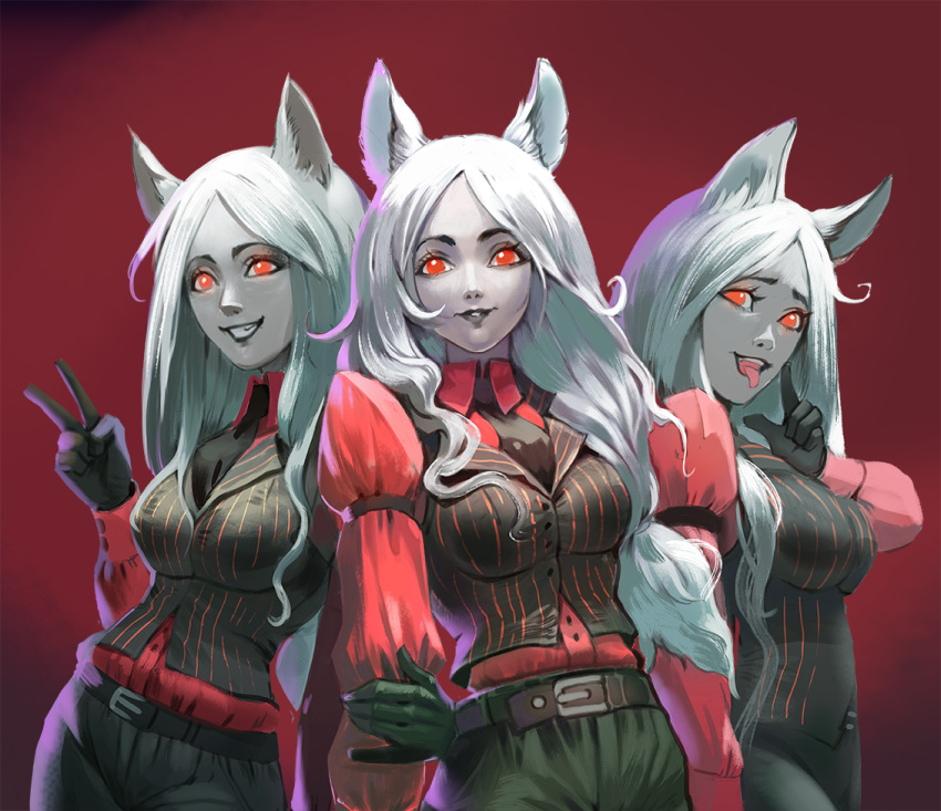 3girls animal_ears arm_behind_back belt black_belt black_lips black_necktie black_pants black_vest breasts cerberus_(helltaker) collared_shirt english_commentary finger_to_cheek helltaker medium_breasts multiple_girls necktie open_mouth pants parted_lips philiera red_eyes red_shirt shirt shirt_tucked_in smile tongue tongue_out v vest wolf_ears wolf_girl