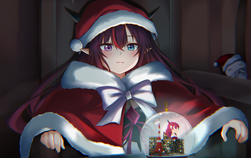 1girl absurdres blue_eyes blush bow capelet chromatic_aberration frown fur_trim hat heterochromia highres hololive hololive_english irys_(hololive) jan_azure looking_down meme pointy_ears pondering_my_orb_(meme) red_capelet red_headwear santa_hat sitting snow_globe solo tolkien's_legendarium violet_eyes virtual_youtuber white_bow