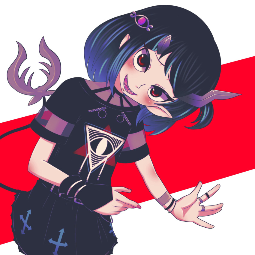 1girl arakiinochi bangs black_dress black_hair blue_hair blush commentary_request cowboy_shot demon_girl demon_horns demon_tail dress eye_hair_ornament eye_of_providence eyebrows_visible_through_hair fang flat_chest head_tilt highres horns jewelry looking_at_viewer medium_hair multicolored_hair official_alternate_costume open_mouth pointy_ears red_background red_eyes ring shishio_chris side_ponytail smile solo sugar_lyric tail two-tone_background two-tone_hair virtual_youtuber white_background wristband
