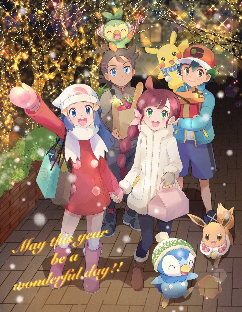 2boys 2girls :d arm_up ash_ketchum bag baguette beanie blue_eyes boots bread brown_footwear chloe_(pokemon) closed_mouth coat commentary_request eevee eyelashes food goh_(pokemon) grookey hat highres hikari_(pokemon) holding_hands lens_flare mei_(maysroom) multiple_boys multiple_girls night open_mouth outdoors over-kneehighs paper_bag pikachu pink_footwear pink_mittens piplup pokemon pokemon_(anime) pokemon_(creature) pokemon_swsh_(anime) red_coat smile standing teeth thigh-highs tongue upper_teeth white_headwear white_legwear