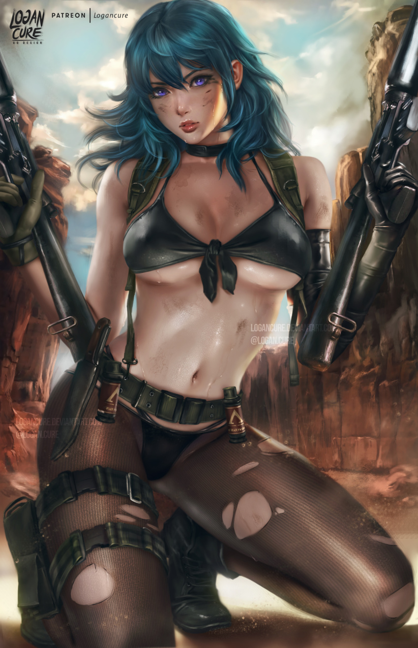 1girl absurdres asymmetrical_gloves bangs belt bikini black_bikini blue_hair breasts byleth_(fire_emblem) dirty dirty_face dual_wielding elbow_gloves fire_emblem fire_emblem:_three_houses front-tie_bikini front-tie_top gloves highres holding kneeling knife large_breasts lips logan_cure long_hair looking_at_viewer mismatched_gloves navel outdoors pantyhose reward_available short_hair single_elbow_glove solo sweat swimsuit torn_clothes torn_legwear violet_eyes watermark
