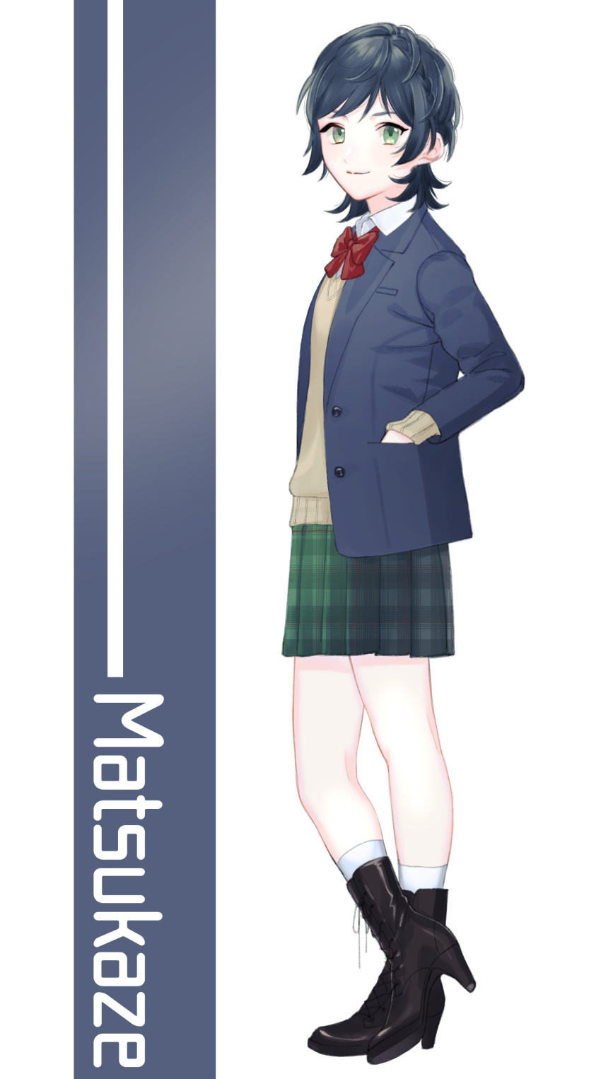 1girl absurdres alternate_costume bangs black_footwear blazer blue_hair blue_jacket boots bow bowtie character_name closed_mouth commentary full_body green_eyes green_skirt hand_in_pocket high_heel_boots high_heels highres jacket kantai_collection long_sleeves matsukaze_(kancolle) plaid plaid_skirt red_bow red_bowtie school_uniform shishanmo short_hair simple_background skirt socks solo sweater_vest two-tone_background white_legwear