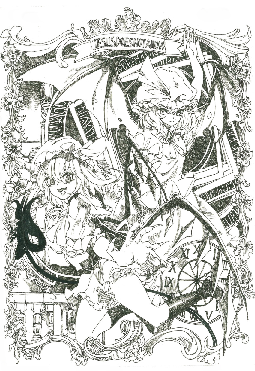 2girls absurdres bat_wings brooch clock dress embodiment_of_scarlet_devil english_text fingernails flandre_scarlet framed frills full_body hand_up hat highres jewelry kneehighs laevatein_(touhou) long_fingernails looking_at_viewer miniskirt mob_cap monochrome multiple_girls open_mouth outstretched_hand pen_(medium) puffy_short_sleeves puffy_sleeves remilia_scarlet roman_numeral short_hair short_sleeves skirt smile touhou wings