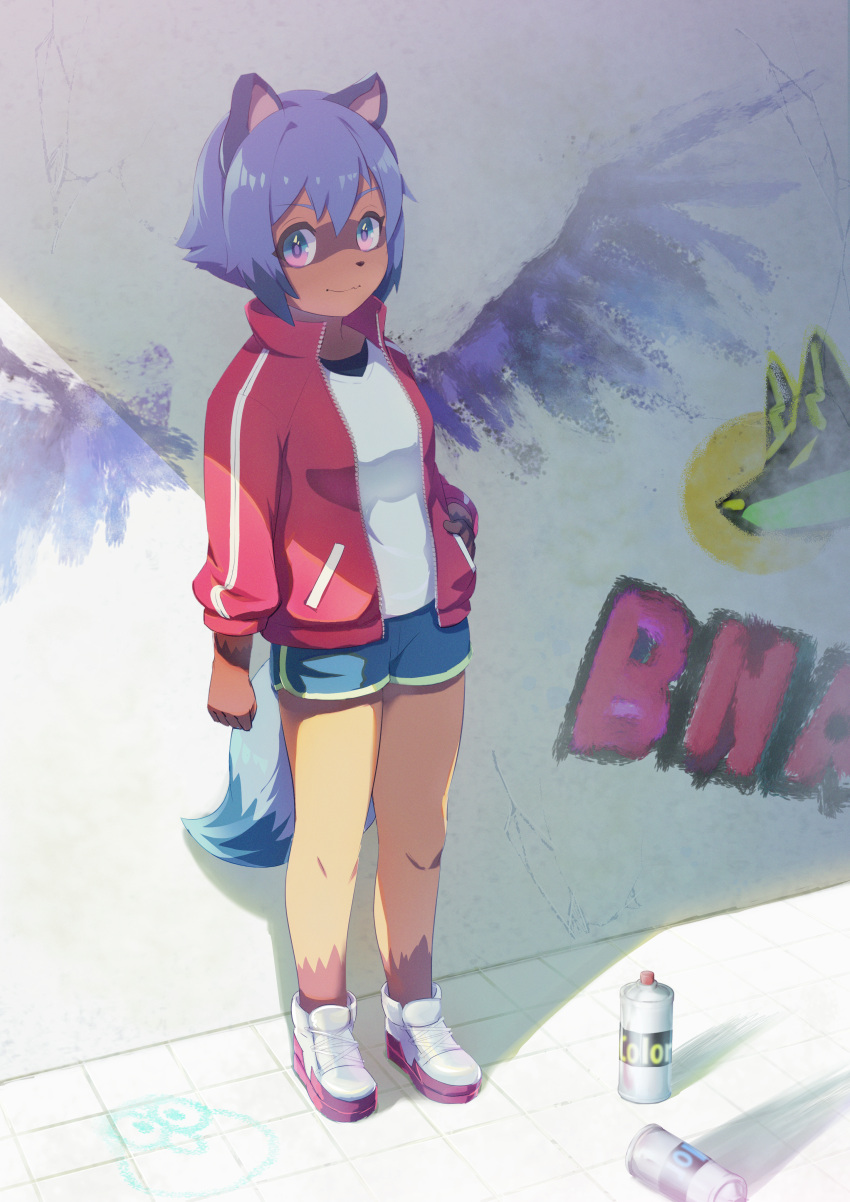 1girl absurdres animal_ears blue_eyes brand_new_animal brown_fur day eyebrows_visible_through_hair furry graffiti highres ichigotoofu jacket kagemori_michiru long_sleeves looking_at_viewer multicolored_eyes outdoors pink_eyes raccoon_ears raccoon_girl raccoon_tail red_jacket shirt shoes short_hair shorts sneakers solo spray_can standing tail track_jacket white_footwear white_shirt