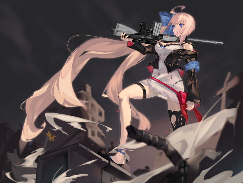 1girl absurdly_long_hair absurdres ahoge balance_(superdust) battle_rifle black_footwear black_jacket black_legwear blue_armband blue_bow blue_eyes blurry blurry_background blurry_foreground bow breasts closed_mouth commentary cropped_jacket debris dress dust fal_(girls'_frontline) fn_fal full_body girls_frontline gun hair_bow highres holding holding_gun holding_weapon jacket large_breasts long_hair long_sleeves off_shoulder outdoors pink_hair rifle ruins short_dress solo thigh-highs thigh_strap very_long_hair weapon white_dress