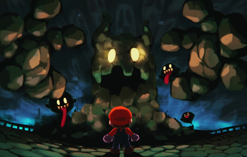 boo_(mario) bouldergeist from_behind gloves glowing glowing_eyes hat highres overalls rock sharp_teeth super_mario_bros. super_mario_galaxy suyasuyabi teeth