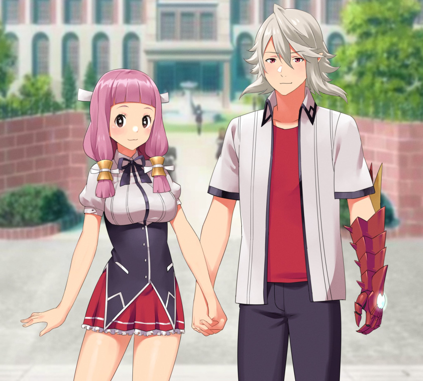 1boy 1girl alternate_costume armor bangs breasts collared_shirt corrin_(fire_emblem) corrin_(fire_emblem)_(male) fire_emblem fire_emblem_fates grey_hair highres hime_cut holding_hands igni_tion looking_at_viewer medium_breasts mitama_(fire_emblem) outdoors pink_hair red_eyes shirt star-shaped_pupils star_(symbol) symbol-shaped_pupils upper_body