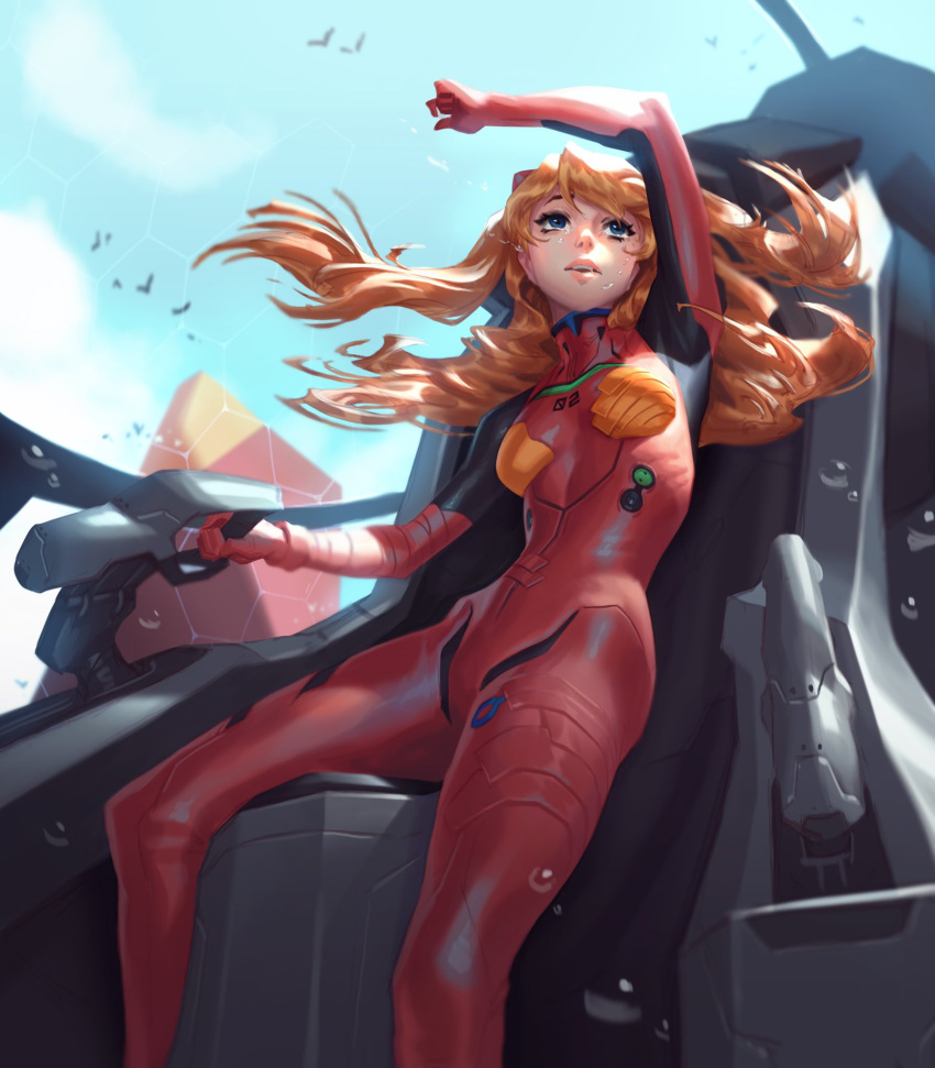 1girl bird breasts cockpit crying crying_with_eyes_open english_commentary eva_02 floating_hair highres jeremy_anninos long_hair looking_up mecha neon_genesis_evangelion open_mouth orange_hair pilot_suit plugsuit science_fiction sitting skin_tight small_breasts solo souryuu_asuka_langley tears two_side_up