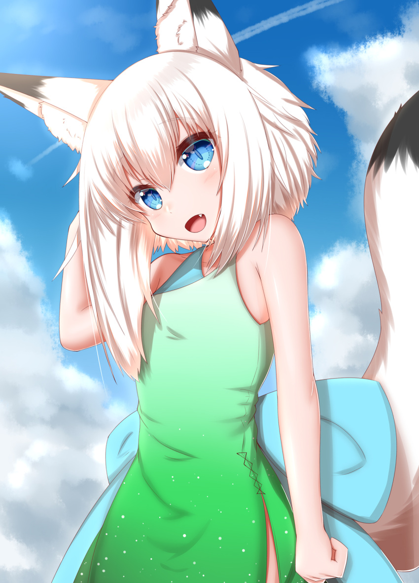 1girl :d animal_ear_fluff animal_ears bangs bare_shoulders blue_dress blue_eyes blue_sky blush clouds cloudy_sky contrail cowboy_shot day dress eyebrows_visible_through_hair fang fox_ears fox_girl fox_tail green_dress hair_between_eyes hand_up highres horokusa_(korai) looking_at_viewer medium_hair multicolored_clothes multicolored_dress original side_slit sky sleeveless slit_pupils smile solo tail tail_raised white_hair
