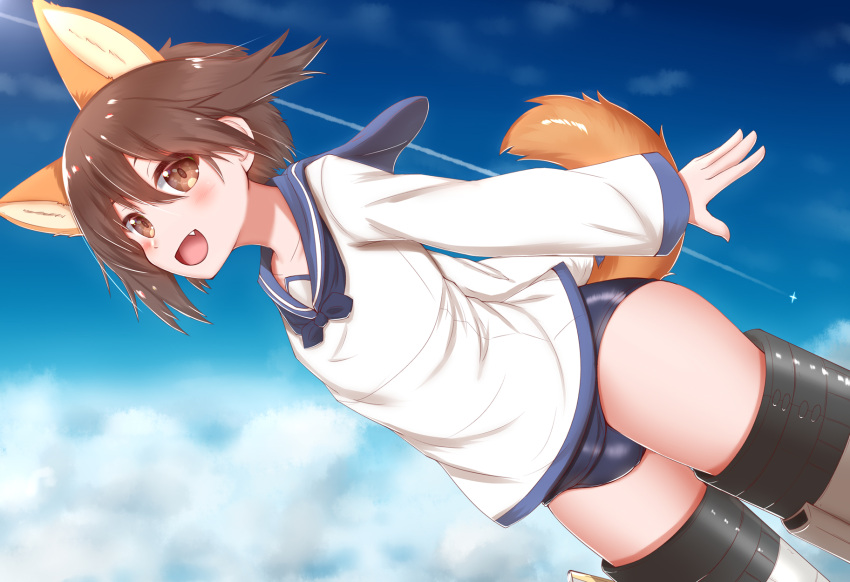 1girl :d animal_ears bangs beige_shirt blue_sailor_collar blue_sky blush brown_eyes brown_hair clouds cloudy_sky collarbone contrail dog_ears dog_girl dog_tail extra_ears eyebrows_visible_through_hair fang flying hair_between_eyes highres horokusa_(korai) long_sleeves looking_at_viewer miyafuji_yoshika orange_tail sailor_collar sailor_shirt shirt short_hair sky smile solo strike_witches striker_unit swimsuit swimsuit_under_clothes tail tail_raised world_witches_series