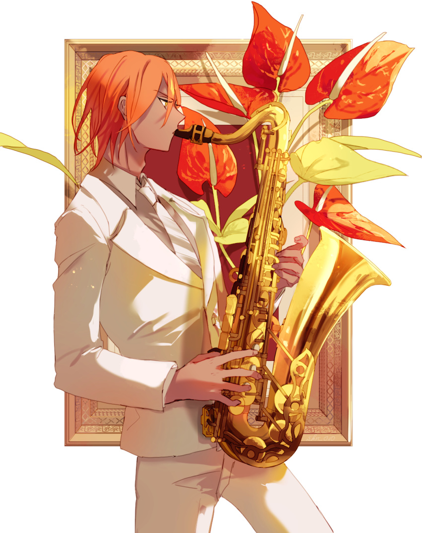 1boy ashwatthama_(fate) bangs commentary_request dark-skinned_male dark_skin fate/grand_order fate_(series) flower highres holding instrument long_hair long_sleeves male_focus muscular muscular_male pants redhead sakuramochi1003 saxophone solo white_pants yellow_eyes