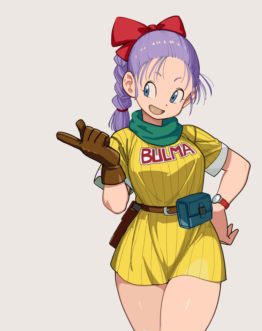 1girl :d absurdres blue_eyes breasts bulma character_name commentary_request cowboy_shot dragon_ball dragon_ball_(classic) dress gloves hand_on_hip highres medium_breasts open_mouth pointing purple_hair rokoido12 simple_background single_glove smile solo watch yellow_dress