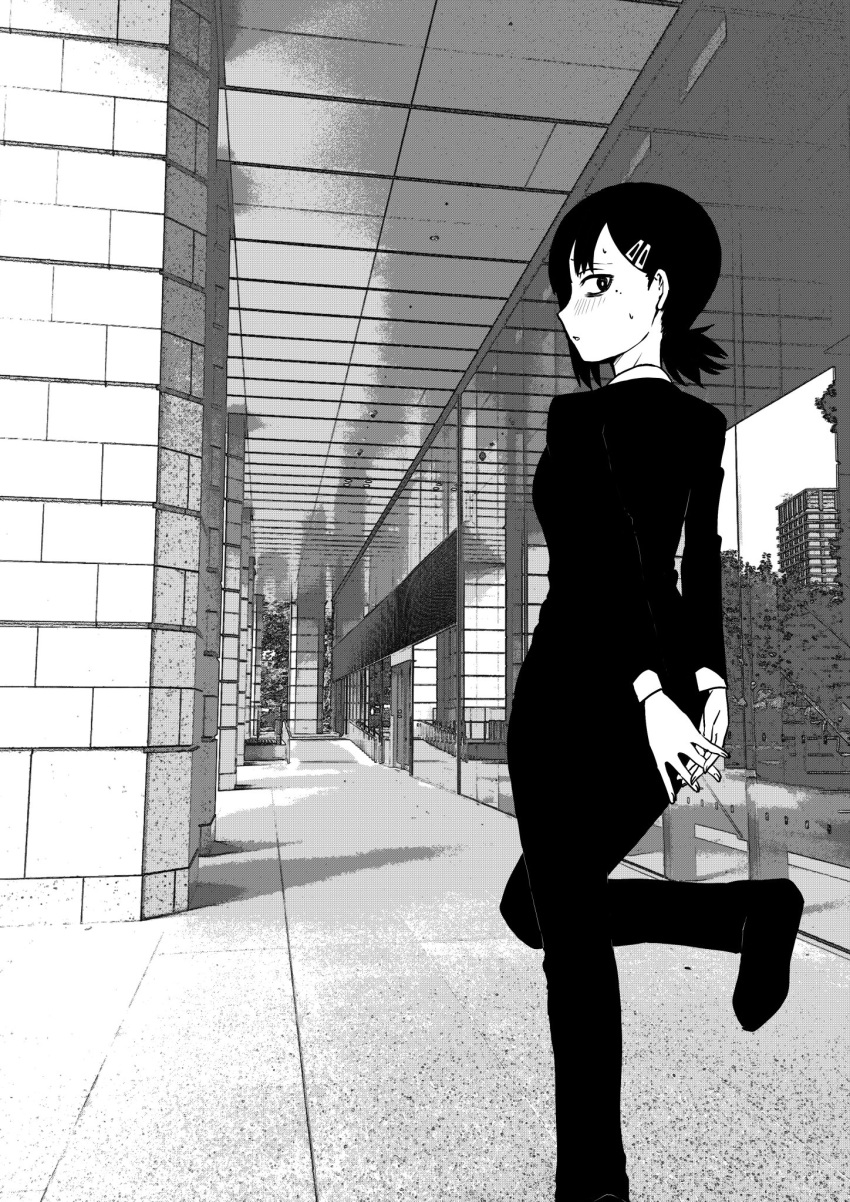 1girl black_hair blush business_suit chainsaw_man city formal greyscale hair_ornament hairclip higashiyama_kobeni highres hiroiki long_sleeves looking_at_viewer looking_back monochrome office_lady outdoors short_hair solo standing suit