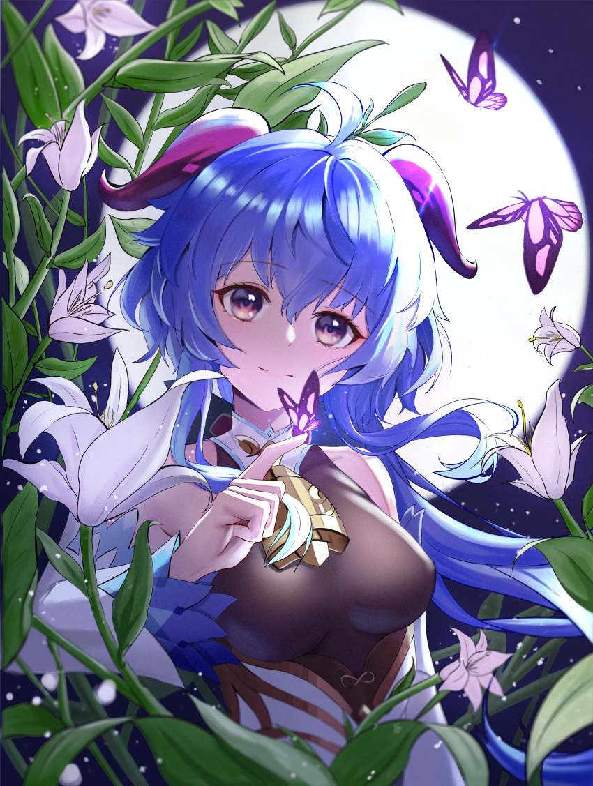 1girl absurdres ahoge bangs bare_shoulders bell blue_hair blush breasts bug butterfly detached_sleeves eyebrows_visible_through_hair flower full_moon ganyu_(genshin_impact) genshin_impact gold_trim highres horns long_hair looking_at_viewer medium_breasts moon multicolored_eyes neck_bell night no_gloves smile solo upper_body user_dzey7845 white_flower white_sleeves