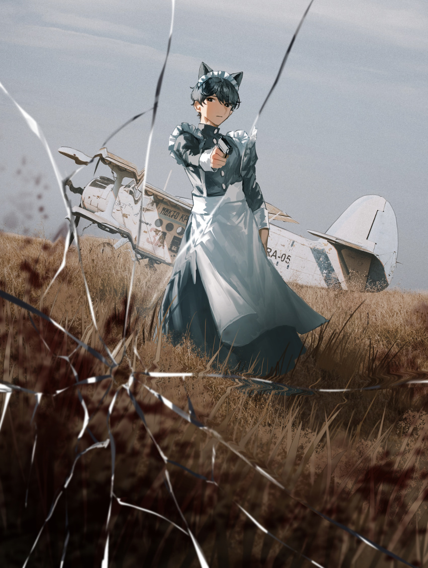 1boy aiming_at_viewer aircraft airplane animal_ears apron black_dress black_eyes black_hair blood blood_splatter cat_ears closed_mouth clouds cloudy_sky commentary cracked_glass crossdressing dress english_commentary field frilled_apron frills full_body grey_sky gun handgun highres holding holding_gun holding_weapon ishida_(segu_ishida) long_dress long_sleeves maid maid_apron maid_headdress male_focus original outdoors pistol short_hair signature sky solo weapon white_apron