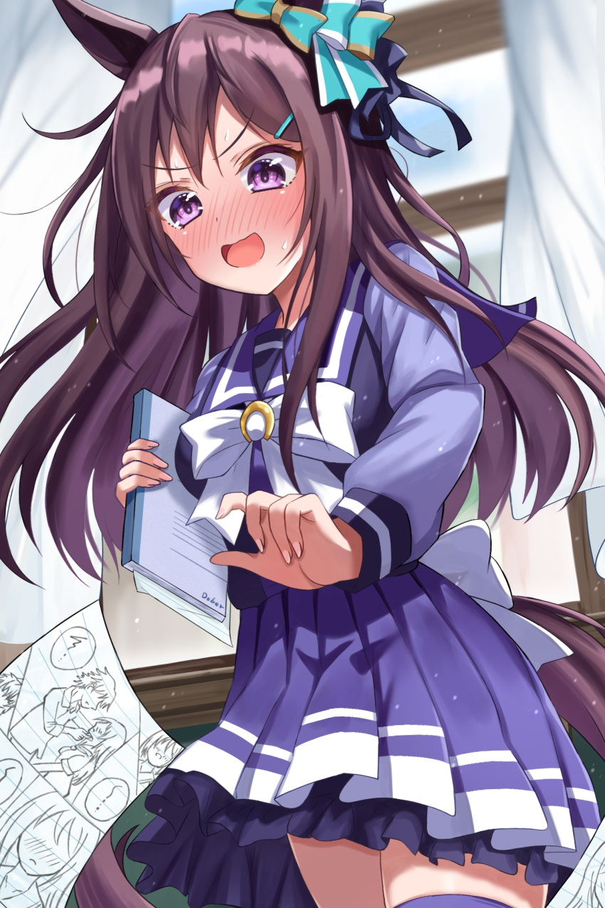 animal_ears blush commentary_request crouching_start curtains hair_ornament hairclip highres horse_ears horse_girl horse_tail looking_at_viewer mejiro_dober_(umamusume) notebook open_mouth paper school_uniform solo_focus sweat sweating_profusely tail tracen_school_uniform umamusume violet_eyes window