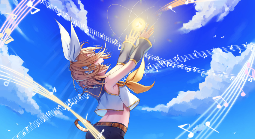 1girl absurdres arched_back armpits arms_up bare_shoulders beamed_eighth_notes beamed_sixteenth_notes blonde_hair blue_sky bow breasts clouds crop_top detached_sleeves eighth_note floating_hair glowing hair_bow hair_ornament hairclip half_note headphones headset highres inu8neko kagamine_rin musical_note neckerchief open_mouth quarter_note reaching sailor_collar see-through_silhouette shirt short_hair shorts sixteenth_note sky sleeveless sleeveless_shirt small_breasts smile solo staff_(music) vocaloid yellow_neckerchief