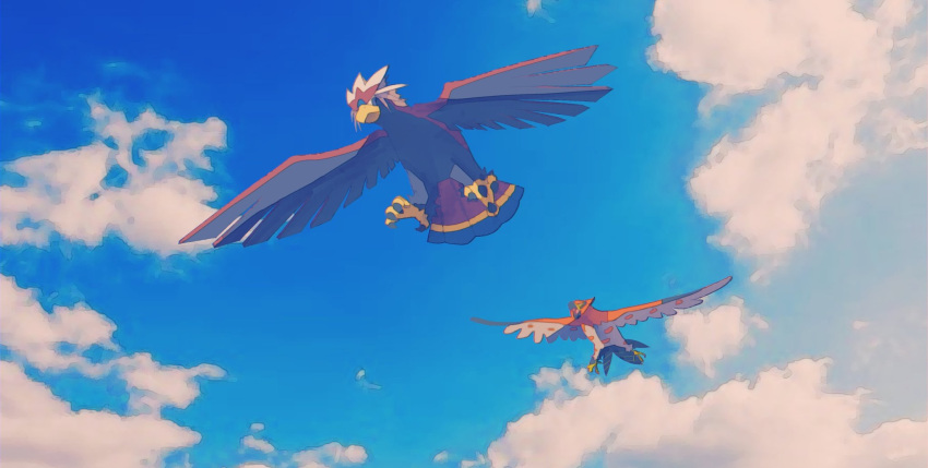 animal_focus beak bird braviary clouds day feyzi flying from_below highres no_humans outdoors pokemon pokemon_(creature) sky talonflame talons