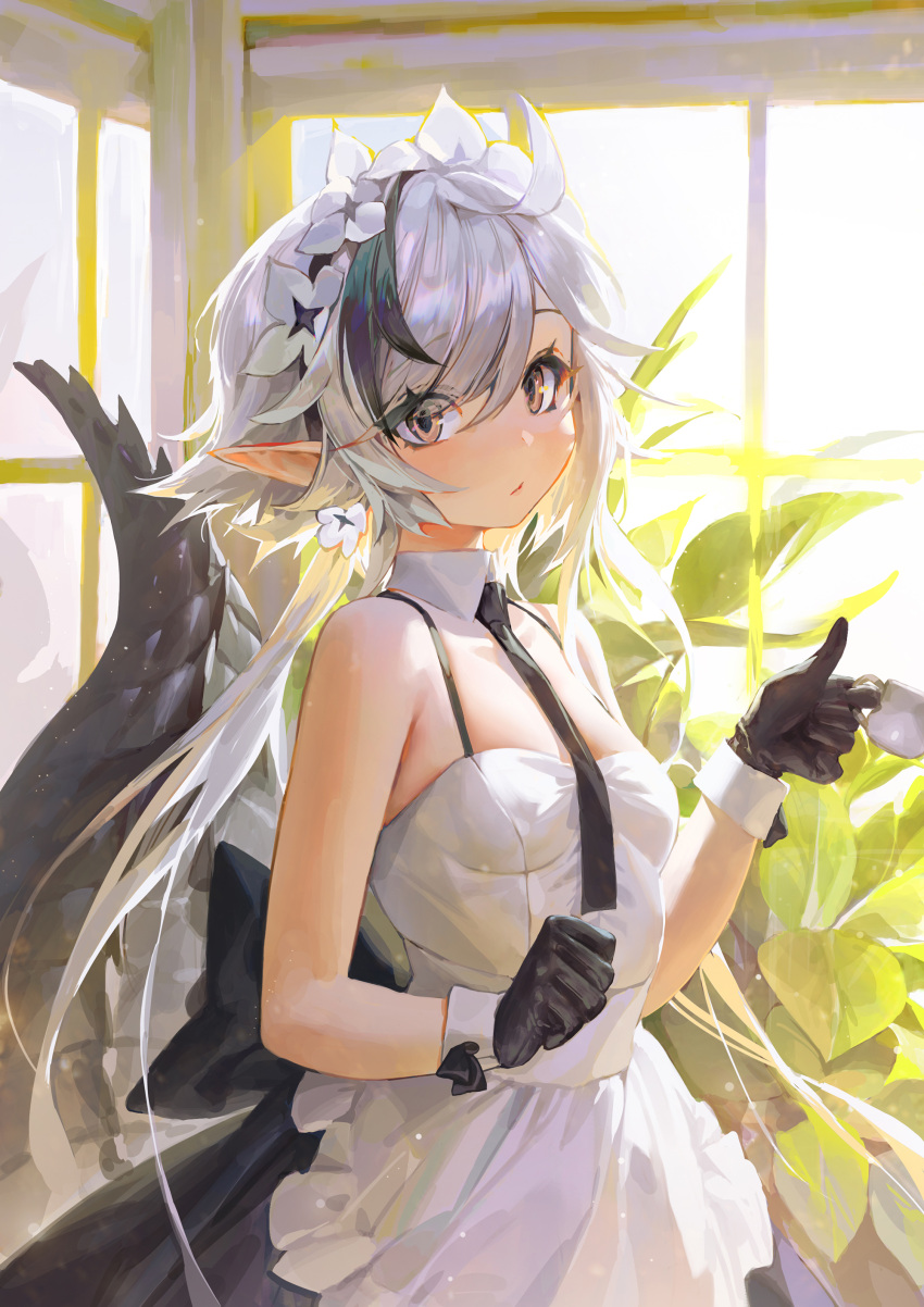 1girl absurdres alternate_costume apron arknights bangs black_dress black_gloves black_hair black_necktie blush breasts brown_eyes charles_(106858) crocodilian_tail cup detached_collar dress enmaided eyelashes flower gloves hair_flower hair_ornament highres holding holding_cup leaf looking_at_viewer maid multicolored_hair necktie pointy_ears silver_hair small_breasts solo streaked_hair tail tail_raised tomimi_(arknights) white_apron white_flower window