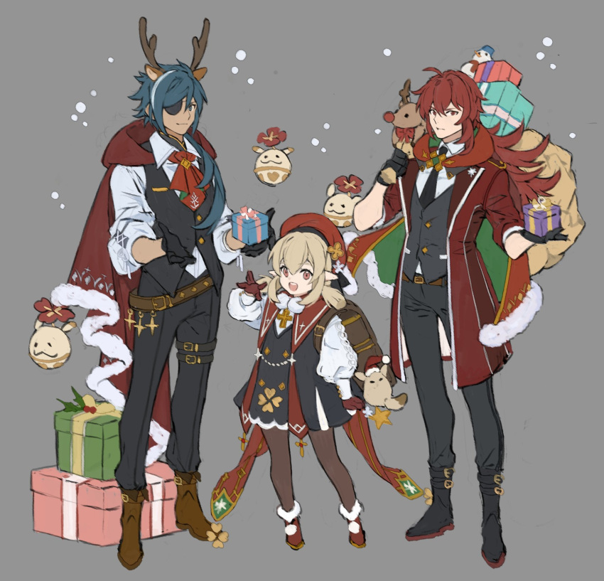 1girl 2boys alternate_costume animal_ears antlers backpack bag black_footwear black_gloves black_legwear black_necktie black_pants black_vest blonde_hair blue_eyes blue_hair boots box brown_footwear christmas closed_mouth coat dark-skinned_male dark_skin diluc_(genshin_impact) dodoco_(genshin_impact) dress genshin_impact gift gift_box gloves grey_background hair_between_eyes highres holding holding_gift holding_sack kaeya_(genshin_impact) klee_(genshin_impact) long_hair low_twintails multicolored_hair multiple_boys necktie open_mouth pants pantyhose papajay_(jennygin2) pointy_ears pom_pom_(clothes) ponytail red_coat red_eyes red_footwear red_gloves redhead sack shirt sidelocks simple_background standing streaked_hair symbol-only_commentary twintails vest white_shirt