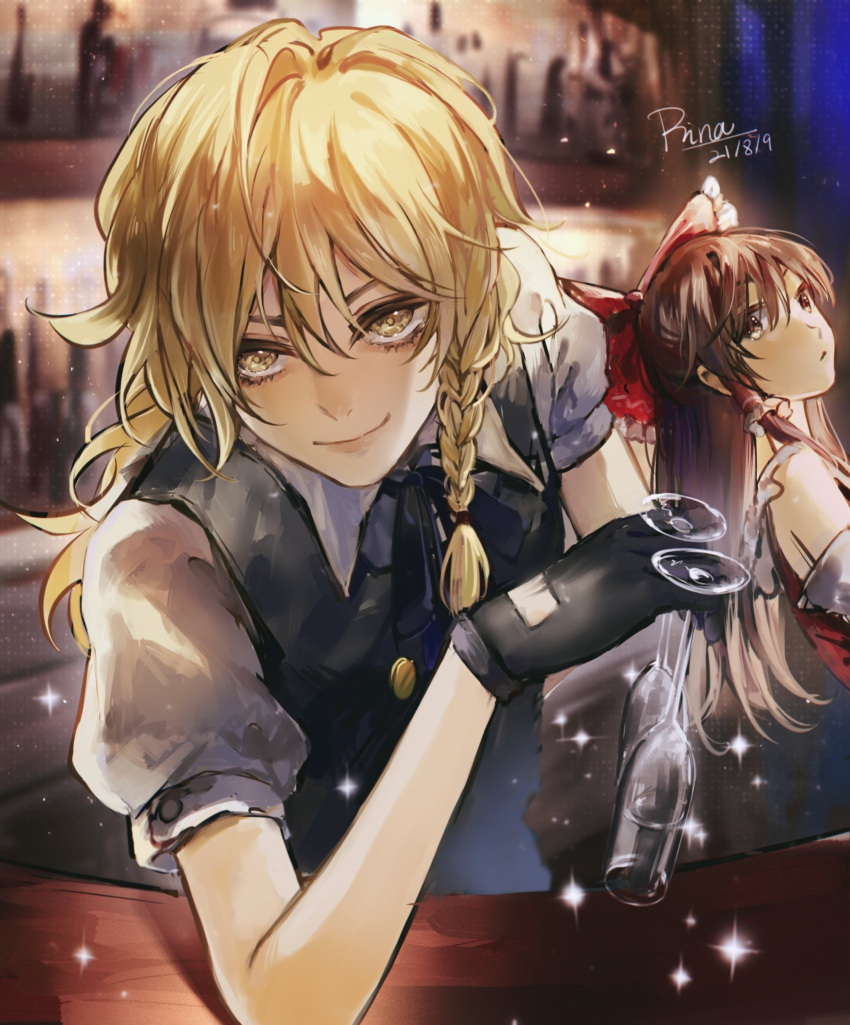 aihara-rina bangs bar bare_shoulders bartender black_gloves black_vest blonde_hair blush braid brown_eyes brown_hair chinese_commentary collared_shirt commentary_request cup detached_sleeves drinking_glass eyelashes gloves hakurei_reimu highres kirisame_marisa lips looking_at_viewer looking_back no_hat no_headwear puffy_short_sleeves puffy_sleeves shirt short_sleeves sidelocks single_braid sitting smile sparkle standing table touhou vest white_shirt wine_glass wing_collar yellow_eyes