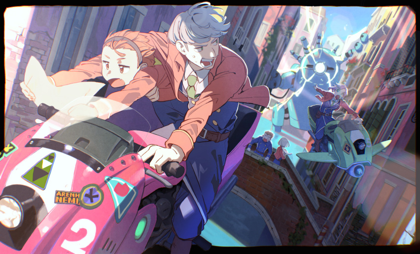 1girl 4boys absurdres bangs blue_eyes blurry blurry_background collared_shirt commentary_request day driving fang fantasy flying foreshortening green_necktie grey_hair ground_vehicle highres jacket jitome ka_4maki looking_back motor_vehicle motorcycle multiple_boys necktie open_mouth orange_eyes orange_hair orange_jacket original partial_commentary robot shirt sunlight sweat teeth thick_eyebrows white_shirt