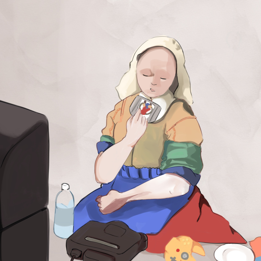 1girl bald blowing bottle closed_eyes controller dress fine_art_parody game_console grey_background head_scarf highres multicolored_clothes multicolored_dress nintendo_64 parody parted_lips plate simple_background sitting solo takeyasu510 television the_milkmaid water_bottle yokozuwari