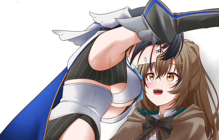 2girls absurdres armpits black_bow black_hair blue_eyes blush bow bowtie breasts brown_eyes brown_hair commentary eye_contact eyebrows_visible_through_hair face-to-face from_side hair_between_eyes hair_ornament hairclip highres hololive hololive_english jan_azure kabedon large_breasts long_hair looking_at_another medium_hair multiple_girls muvluv muvluv_alternative nanashi_mumei open_mouth ouro_kronii parody shadow smile under_boob virtual_youtuber white_background yuri