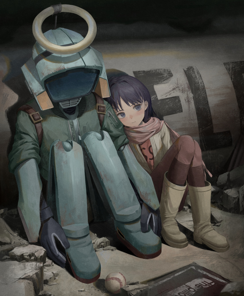 1girl absurdres baseball boots brown_footwear brown_jacket canti closed_mouth commentary flcl full_body highres jacket long_hair mechanical_halo ninamori_eri pants pink_scarf purple_hair red_pants red_shirt robot scarf shirt sitting solo subfiction violet_eyes