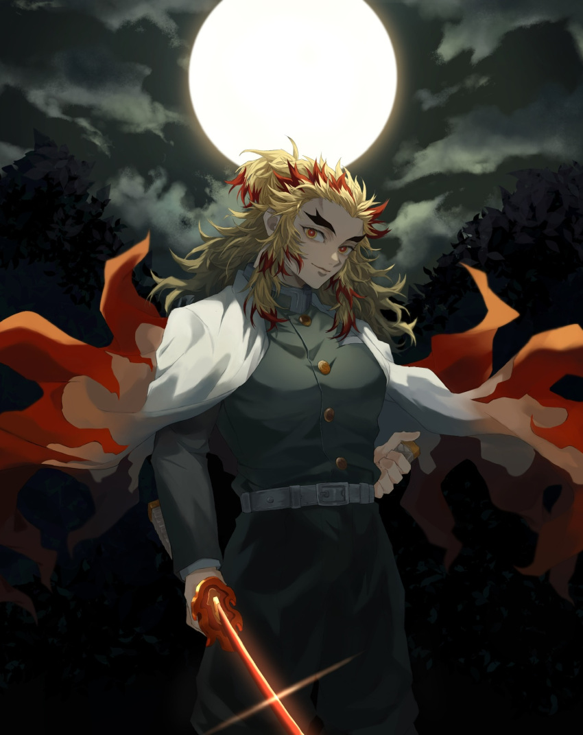 1boy belt belt_buckle black_jacket blonde_hair blurry buckle buttons cape closed_mouth clouds cloudy_sky colored_tips commentary_request feet_out_of_frame flame_print forehead forked_eyebrows full_moon gakuran glint gradient gradient_background hand_on_hilt hands_up highres holding holding_sword holding_weapon jacket katana kimetsu_no_yaiba light_smile long_hair long_sleeves looking_at_viewer male_focus moon multicolored_hair mutsu_(621300) night night_sky orange_eyes redhead rengoku_kyoujurou school_uniform sidelocks sky smile solo sword thick_eyebrows two-tone_hair weapon white_belt white_cape
